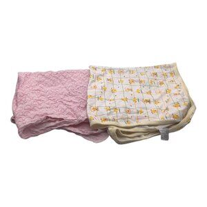 Lot Of 2 Baby Girl Square Blankets Ducks & Hearts Designs‎ Cotton Pink Yellow